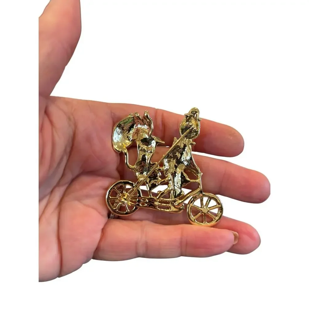 Whimsical Cat Tandem Bicycle Brooch Gold Tone Kitty Couple Vintage Figural Pin